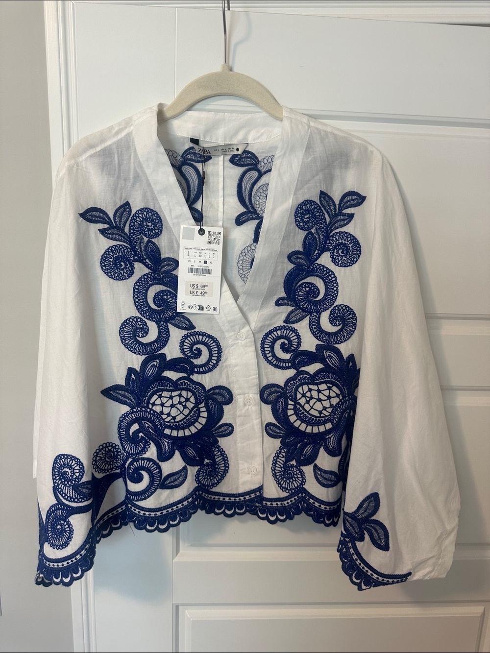 Zara White Blouse with Navy Blue Embroidery Size L